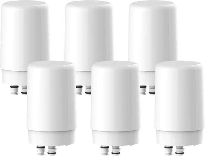 AQUA CREST 7027W Faucet Water Filter, Replacement for Brita® Filter, Brita® Faucet 36311 On Tap Water Filtration System, FR-200, FF-100 Replacement Filter, White, 6 Pack