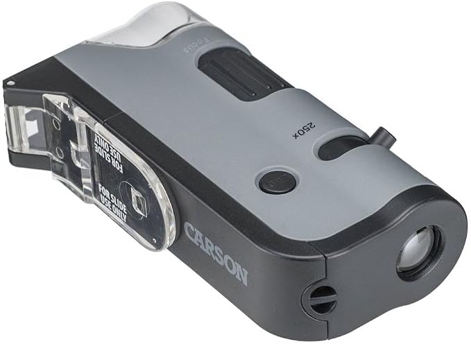 Carson MicroFlip 100x-250x, LED UV Pocket Microscope with Smartphone Clip, STEM Education (MP-250)