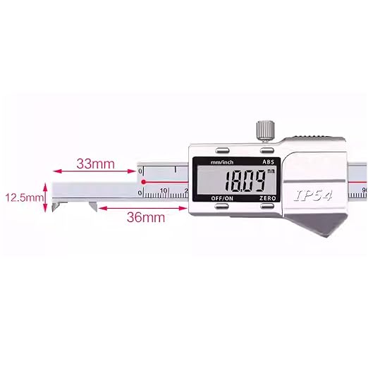 Inside Groove Width Digital Caliper with Hook, Measure Width of Grooves Inside Bores, Range 3-150mm, Resolution 0.01mm, mm/inch, Stainless Steel