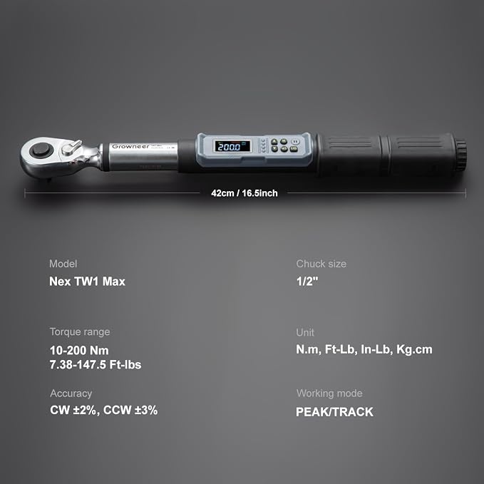 GROWNEER Upgraded Digital Torque Wrench Set, 7.38-147.5 Ft-lbs/10-200 nm, 1/2'' Drive Rachet Torque Wrench with Buzzer & Colorful LED Indicator, Electronic Wrench for Motor Car Tires Auto Repair