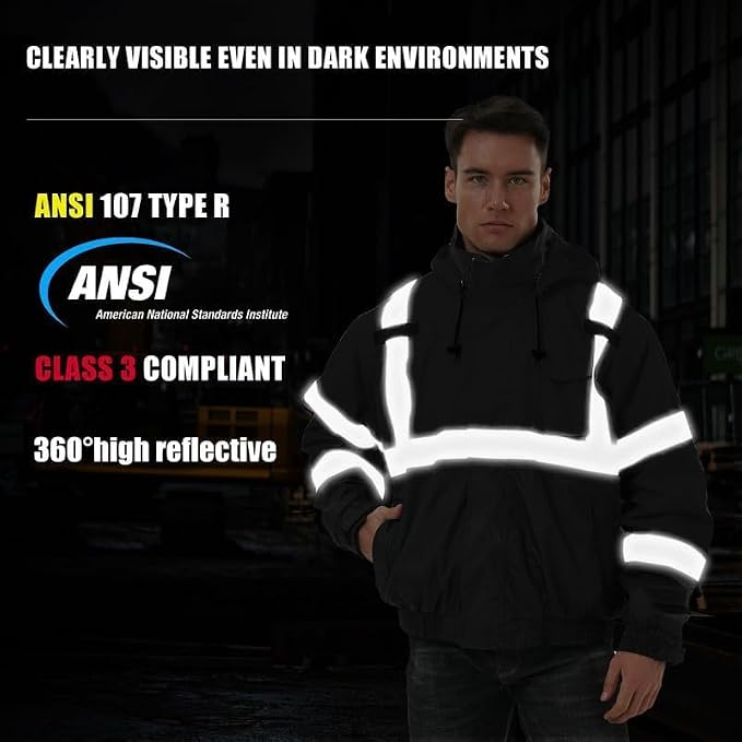 SKSAFETY 3-in-1 High Visibility Winter Bomber Jackets Zip Out Fleece Liner Reflective Safety Coats for men Waterproof ANSI/ISEA Class 3(Black 6XL)