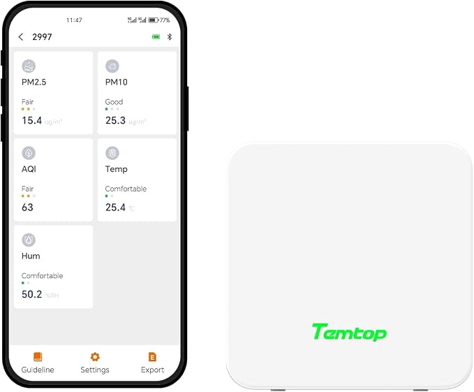 Temtop P1 Air Quality Monitor, PM2.5/PM10/Temperature/Humidity Sensor with Bluetooth App, AQI Tracking & Portable Design for Home, Office, Car, and Travel Use