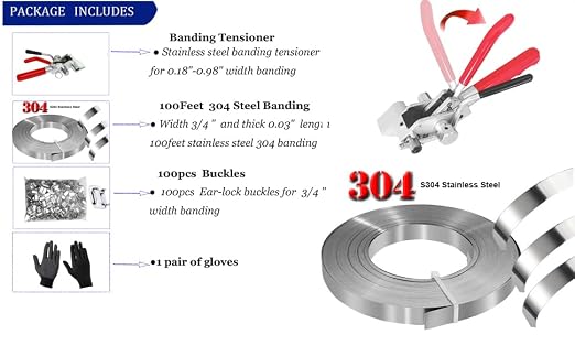 Steel Banding Strapping Kit Strapping Tool Pallet Metal Belt Packaging Tensioner and Cutter Machine with 100pcs Buckle 3/4" x 100 Feet Steel Banding Coil
