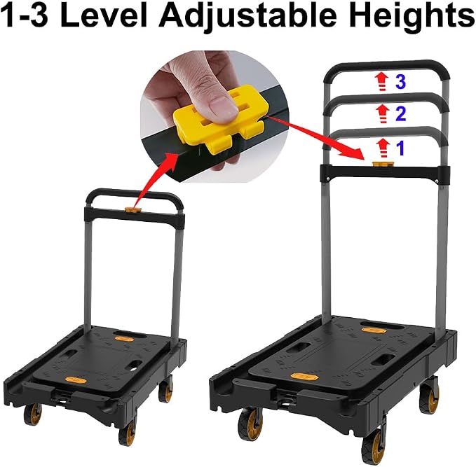 Folding Platform Hand Truck Push Cart Foldable Dolly Cart Portable Trolley 300lb Heavy Load Capacity, Adjustable Handle with Swivel Wheels for Garage Garden Home Office Travel Shopping Use