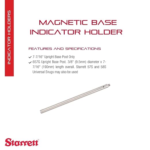 Starrett Magnetic Base Indicator Holder - Individual Component - Ideal for Woodworking and Metalworking - 3/8" Diameter, 7-7/16" Overall Length - 657G
