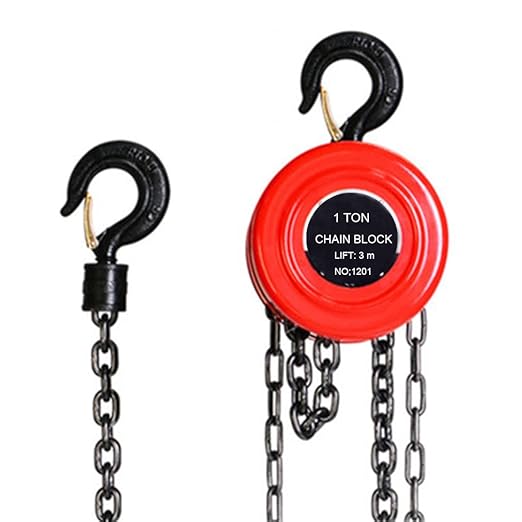 Manual Chain Hoist | 1 Ton/2000 lbs Capacity | 10’ Lift | 2 Hooks | Manual Hand Lift Steel Chain Block Hoist (1T-Red)