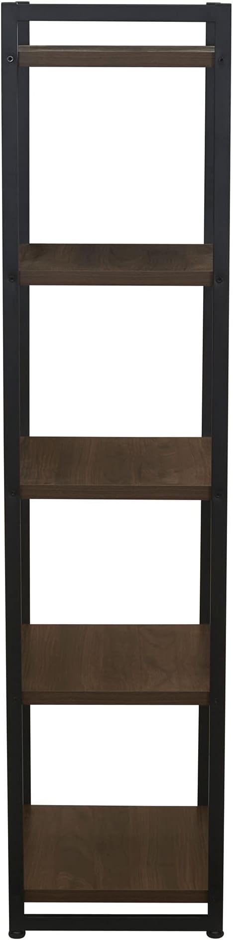 Household Essentials Narrow 5‑Shelf Open Storage Bookshelf, Mid‑Century Walnut Wood Grain with Black Metal Frame