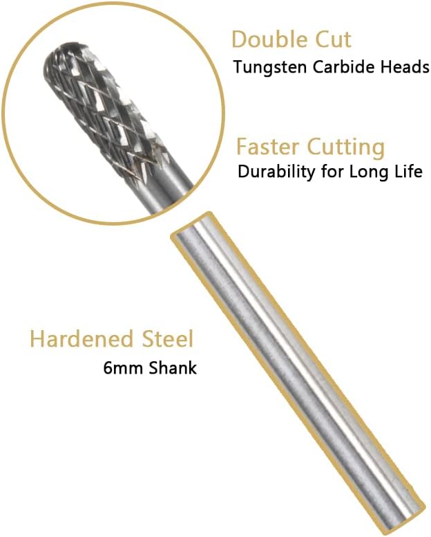 HIDOTOL Carbide Burr Set 10PC 1/4" Shank – 6mm Tungsten Double Cut Carbide Rotary Burr Set for Metal and Wood Carving, Grinding, Polishing, Engraving, Drilling.
