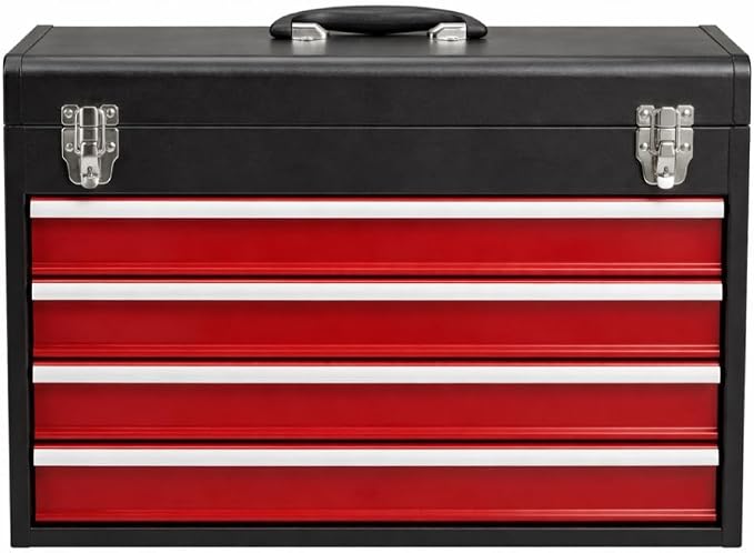 4-Drawer Tool Box with Drawers - Portable Metal Tool Box for Mechanics - Heavy Duty Steel Tool Chest with Locking Latches and Top Storage Compartment, Red/Black