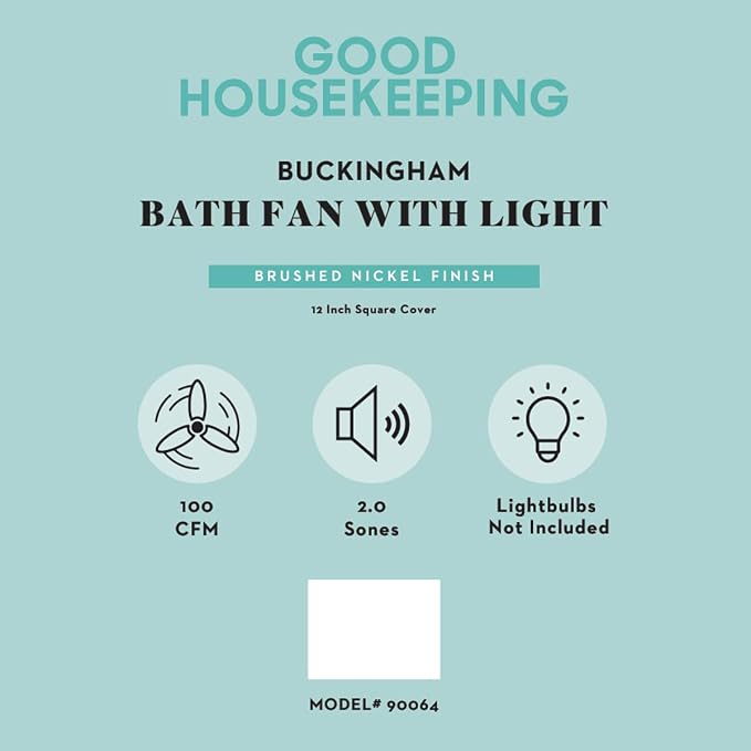 Good Housekeeping Buckingham (90064) 100 CFM 2.0 Sones Decorative Bathroom Ventilation Exhaust Fan with Light & Night-Light, Brushed Nickel