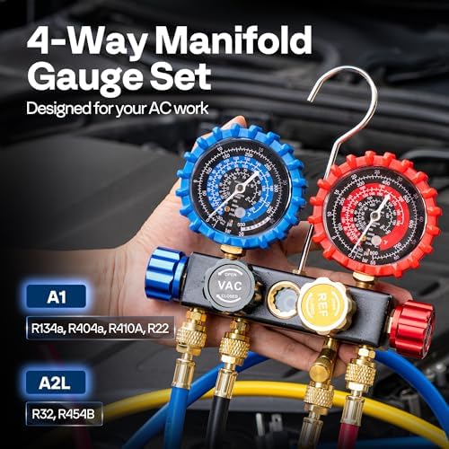 VIVOHOME HVAC Manifold Gauge Set for R134a R410a R22 R32 R454B Refrigerant, 4 Valve Automotive AC Gauges with SPECSTAR 110V 1/4 HP 3.5 CFM Single Stage Rotary Vane HVAC Air Vacuum Pump