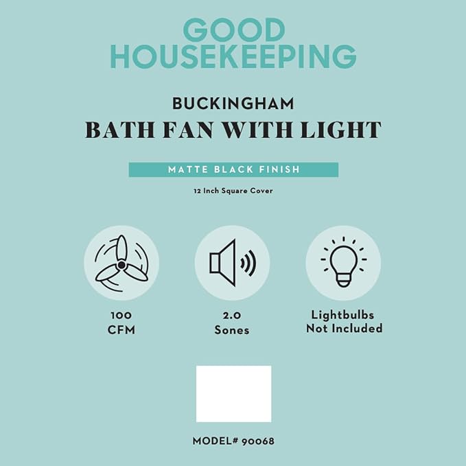 Good Housekeeping (90068) Buckingham 100 CFM 2.0 Sones Decorative Bathroom Ventilation Exhaust Fan with Light & Night-Light in Matte Black