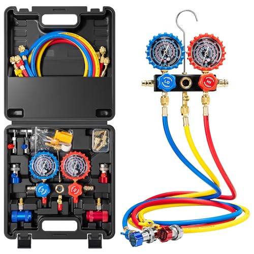 VIVOHOME HVAC Manifold Gauge Set for R134a R1234yf R454B R410a R32 with 5ft Hoses Quick Couplers and Can Taps and 110V 1/4 HP 3.5 CFM Single Stage Rotary Vane Air Vacuum Pump with Oil Bottle