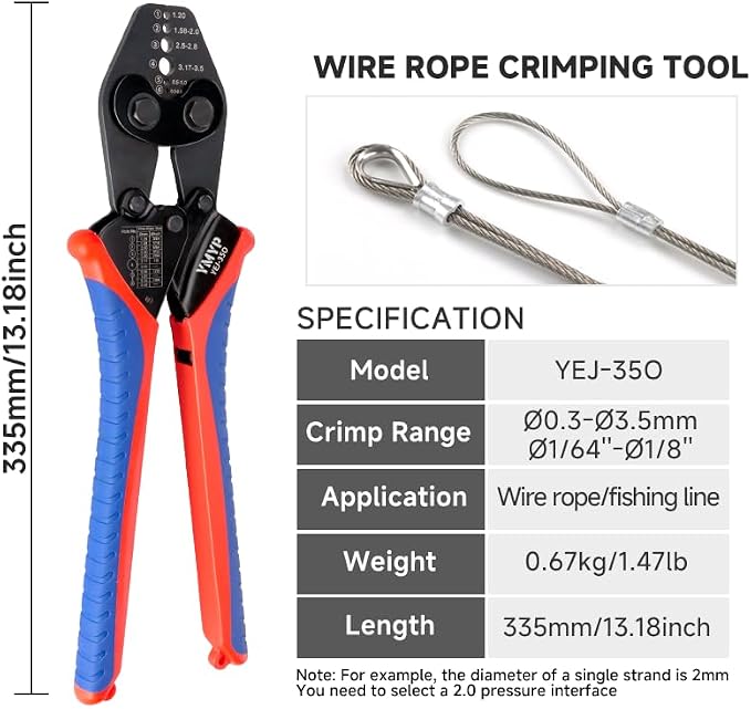Wire Rope Crimping Tool with Ratchet, Ferrule Swaging Tool for Aluminum Sleeves, Loop Sleeves, Wire Rope Crimper for 1/64''-1/8''(0.3mm-3.5mm) Cables, Heavy-Duty Swaging Tool for Railing, Fishing