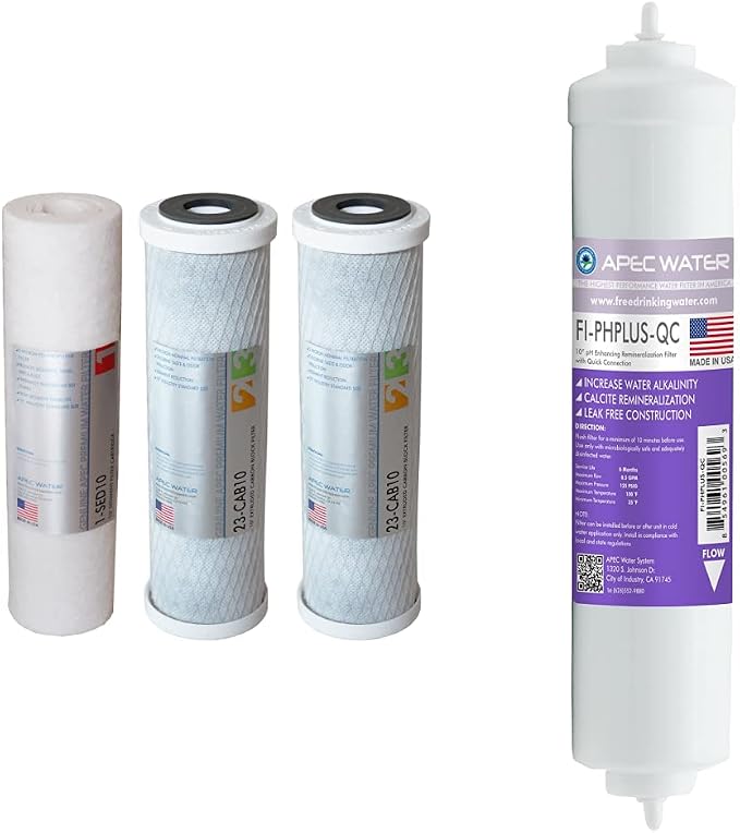 Filter-Set US Made Double Capacity Replacement Stage 1-3 & FI-PHPLUS-QC US MADE 10" High Purity pH+ Calcium Carbonate Alkaline Filter with ¼” Quick Connect