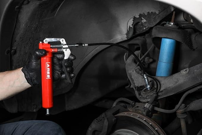 ARES 53011 – 3oz Pistol Grip Mini Grease Gun – Includes 12-Inch Flex Hose and 4-Inch and 6-Inch Straight Extensions – 3000 PSI Working Pressure Rating