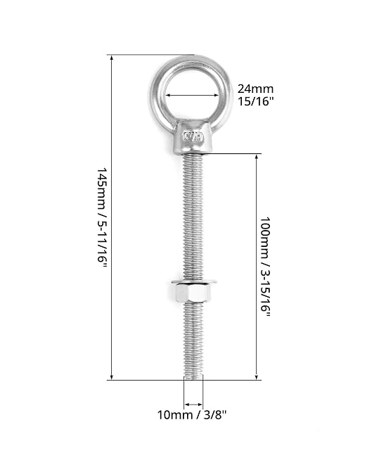 QWORK 316 Stainless Steel Machinery Eye Bolt with Shoulder, 5 Pack 3/8" x 4" Long Stainless Steel Marine Grade Shoulder Eye Bolt, Threaded Eyebolts