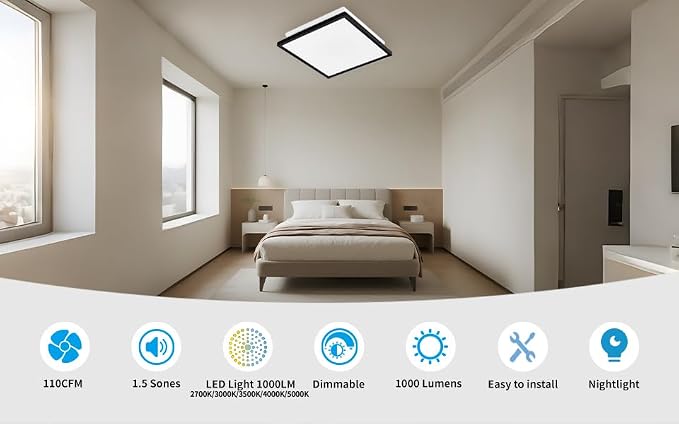 Tech Drive Bathroom Fan with Light,110CFM,4 Inch Duct,Modern Black Trim | 1000lm Dimmable 5CCT LED Light with Night Light Selectable, Quiet HVI and Energy Star Certified, Easy to Install