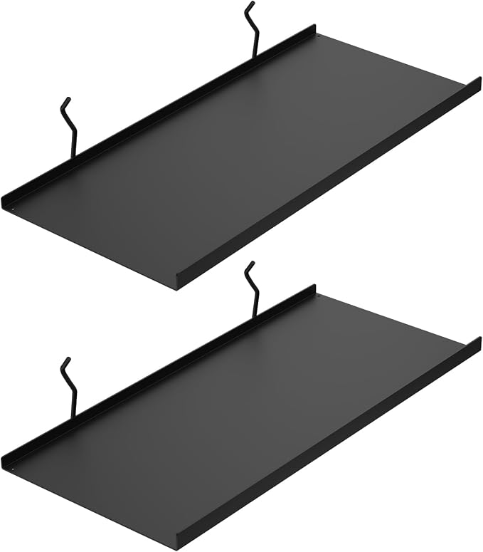17X8 Inch Large Pegboard Shelves Set of 2, Metal Peg Board Shelves Accessories, Flat Display Shelves for Pegboard, Metal Retail Display for Storage and Organization, Black