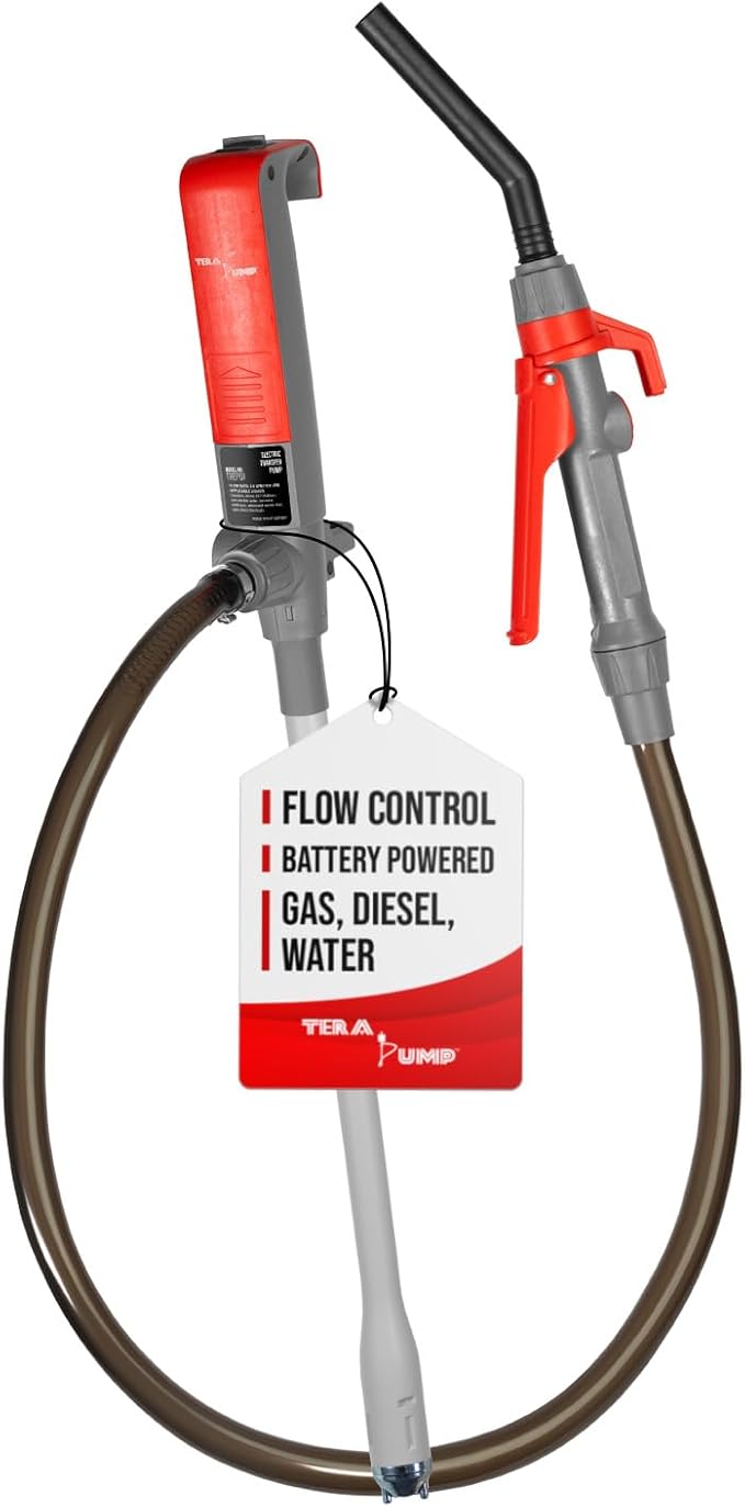 TERA PUMP Fuel Transfer Pump w/Quick Flow Control Nozzle | 3X Powerful D Battery Powered, 39" Upgraded Vinyl Discharge Hose, Multipurpose Portable For Gas, Diesel, Water, 2.8 GPM