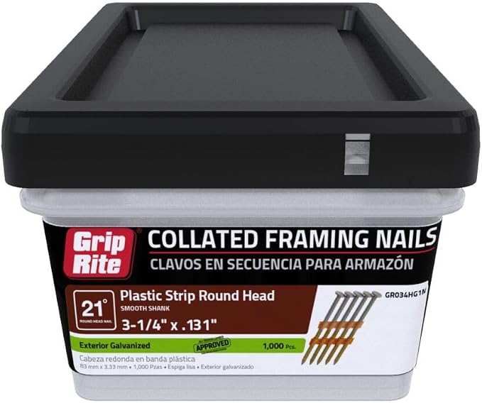 Grip-Rite 21 Degree Framing Nails - Exterior Galvanized Nails for Wood-To-Wood Framing Projects - Plastic Strip Collated Fastener - Round Head - Smooth Shank - 3-1/4" x .131" - 1000 Count - GR034HG1M
