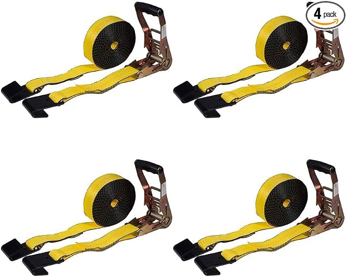 Mytee Products Ratchet Tie-Down Straps with Flat Hooks, 2" x 30' Ratchet Straps Yellow | 10,000 Lbs Breaking Strength | TieDown Ratchet Straps for Flatbed, Truck, Trailers Pickup (4 Pack)