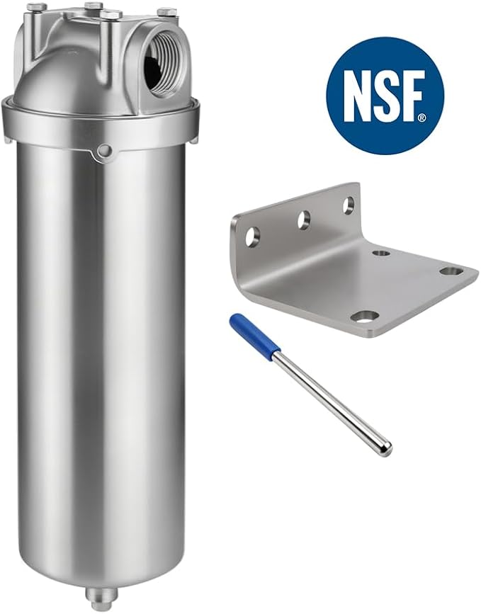 NSF/ANSI 42 Stainless Steel Whole House Water Filter Housing, 10" x 2.5" Sediment Water Filter System for Heavy Duty, Well & City Water, 3/4" NPT Port, Drain Valve Style C(Square Head)