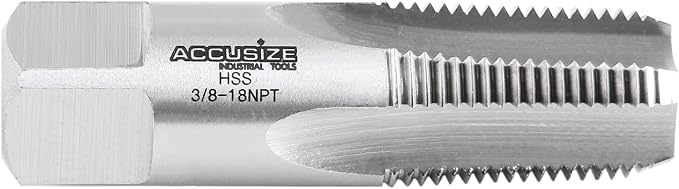 Accusize 3/8"-18 HSS Taper Pipe Tap - NPT, NPT-38 | 3/8"-18, 4 Flutes, 2-9/16" OAL, HSS Taper Pipe Tap - NPT