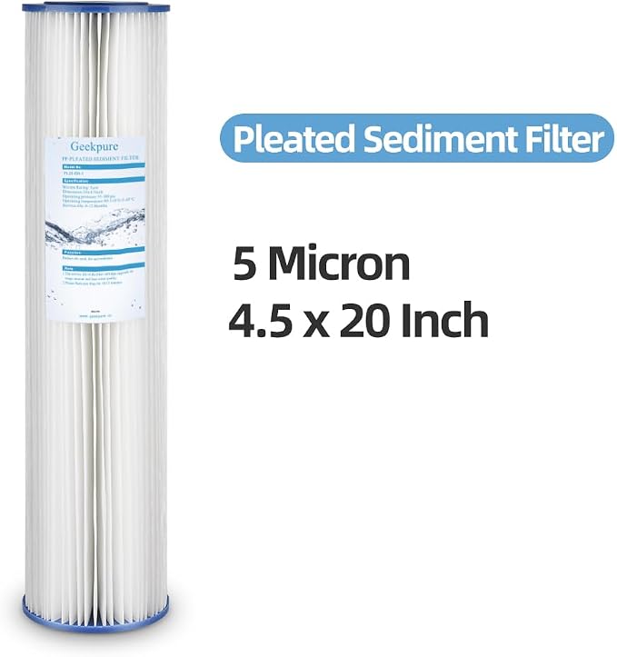 Geekpure Whole House Pleated PP Polypropylene Sediment Replacement Filters -4.5" x 20"-5 Micron -Pack of 4