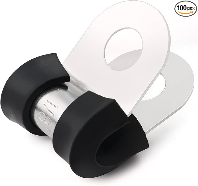 OURU 100PCS Cable Clamps 1/8 Inch 304 Stainless Steel Cable Clamps Rubber Coated Cushioned Insulated Cable Clamp,Automotive Wire Clamps,Pipe Clamps,Metal Clamp for Tube,Wire Cord Installation(3mm)