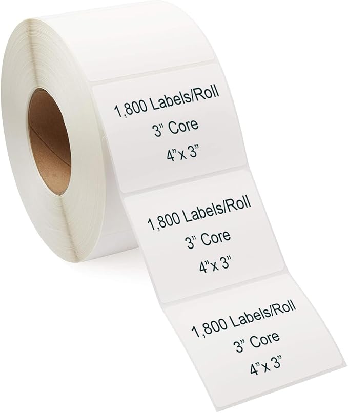 Industrial Thermal Transfer Labels, 4 x 3 Inches, 3 Inch Core, 1,800 Labels/Roll- 1 Rolls/Case, Perforated, Ribbon Required, for Thermal Transfer Printers