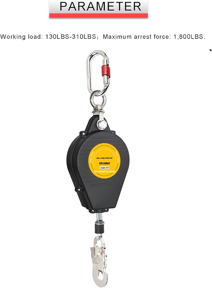 Swivel Top Self Retracting Lifeline, BUCAMAO 23FT Retractable Lanyard, SRL | Steel Wire, Srl Fall Protection, Retractable Safety Lanyard, Safety Harness Yoyo, Fall Protection Kit, Fall Arrestor