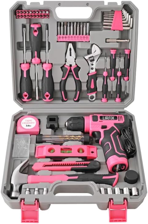133-Piece Pink Electric & Manual Tool Set for lady - USB Rechargeable Handheld Screwdriver, Claw Hammer, Drill Bits, Essential Accessories, Portable Storage Case, Ideal Gift for Women
