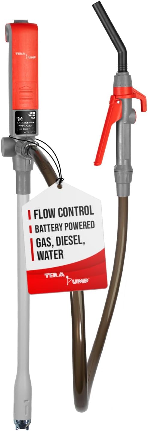 TERA PUMP Fast Transfer Stick Pump, Battery Powered (2D) | Trigger Handle, 39.4 Inch Vinyl Hose, 2.8 GPM Max Flow Rate