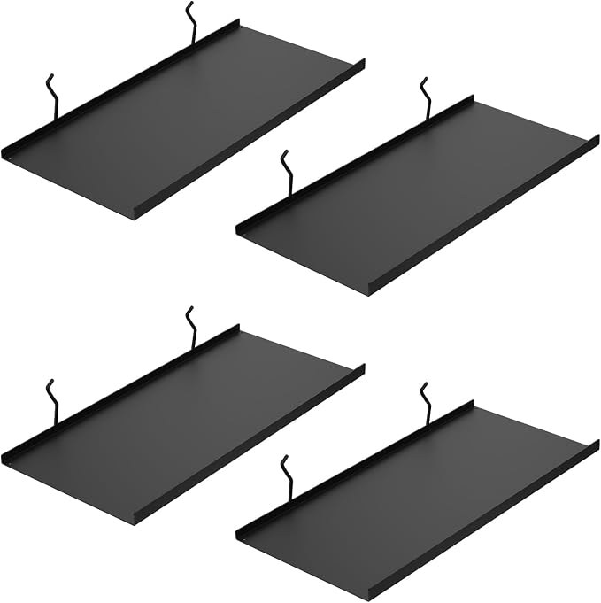 17X8 Inch Large Pegboard Shelves Set of 4, Metal Peg Board Shelves Accessories, Flat Display Shelves for Pegboard, Metal Retail Display for Storage and Organization, Black