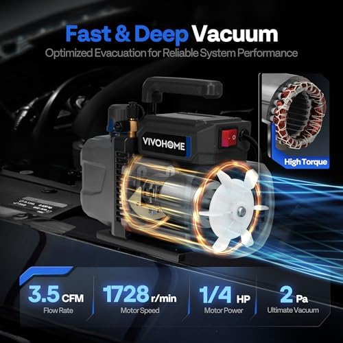 VIVOHOME A2L AC Vacuum Pump and Manifold Gauge Set, 1/4 HP 3.5CFM HVAC Vacuum Pump Kit with 5ft Hoses, Sparkless Motor for R454B R32 R1234yf R134a R410a, with Vacuum Pump Oil 330ml/11.16oz