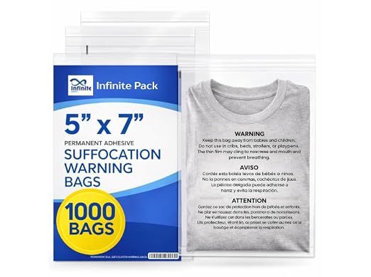 Infinite Pack 5” X 7” 1000 CT Self Seal Clear Poly Bags with Suffocation Warning for Retail Packaging, Shipping Permanent Adhesive