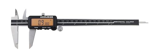 Accusize Industrial Tools Digital Caliper, 0-8'' / 0-200 mm by 0.0005''/0.01 mm Resolution, Metric/Imperial, Yellow LCD,1110-1828 | 200 mm/8 in Range, 0.01 mm/0.0005 in Resolution, ±0.03 mm Accuracy, Metric/Inch, Yellow LCD