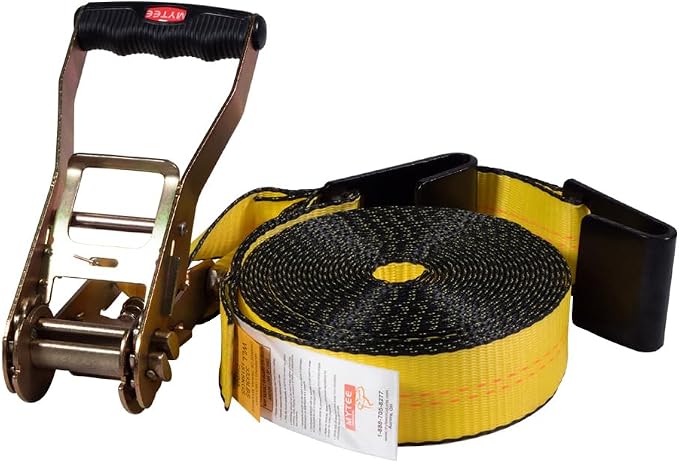 Mytee Products Ratchet Tie-Down Straps with Flat Hooks, 2" x 20' Yellow | 10,000 Lbs Breaking Strength | Tie Down Ratchet Straps for Flatbed, Truck, Trailers Pickup