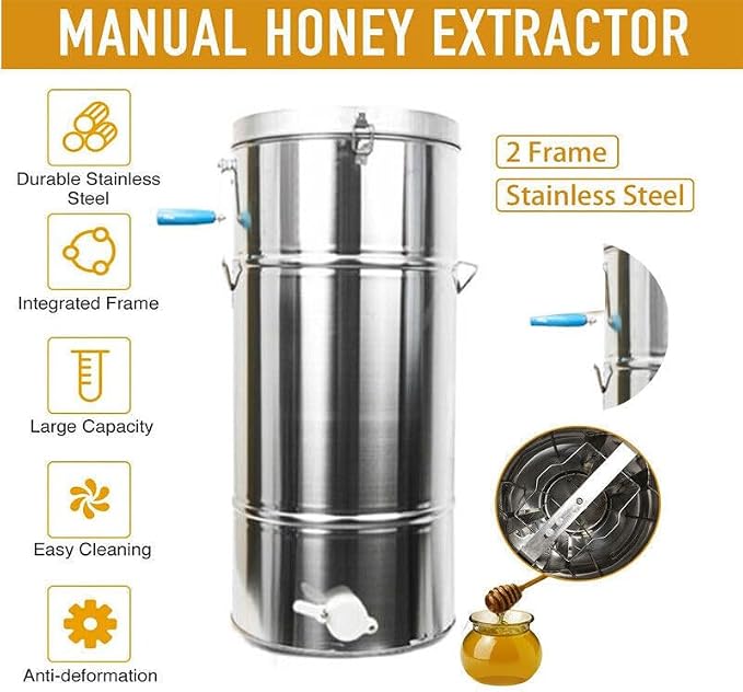 Honey Extractor Separator, 2-Frame Stainless Steel Honey Extractor Manual Honey Extractor Honey Drum Spinner, Beekeeping Extraction Apiary Centrifuge Equipment