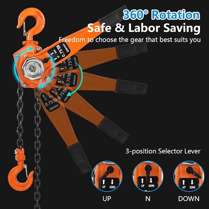 EliteEdge Manual Lever Chain Hoist - 0.5 Ton 5 Ft Lift, Mechanical Efficiency, Efficient Ratchet Mechanism, 2 Hooks, Heavy Duty Chain, 360° Rotation Hook