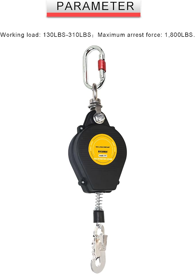 Swivel Top Self Retracting Lifeline, BUCAMAO 17FT Retractable Lanyard, SRL | Steel Wire, Srl Fall Protection, Retractable Safety Lanyard, Safety Harness Yoyo, Fall Protection Kit, Fall Arrestor