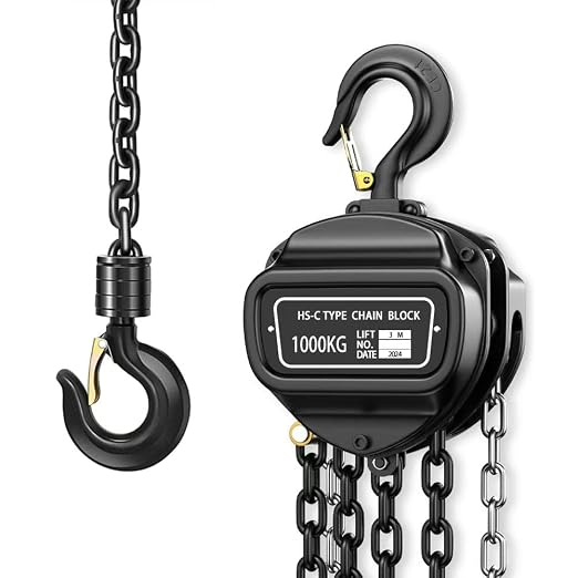 Hand Chain Hoist, Manual Chain Fall，1 Ton 2200 lbs Capacity 10 FT Come Along, G80 Galvanized Carbon Steel，Auto Chain Leading & 360° Rotation Hook for Warehouse Building Automotive Machinery (1T-3M)