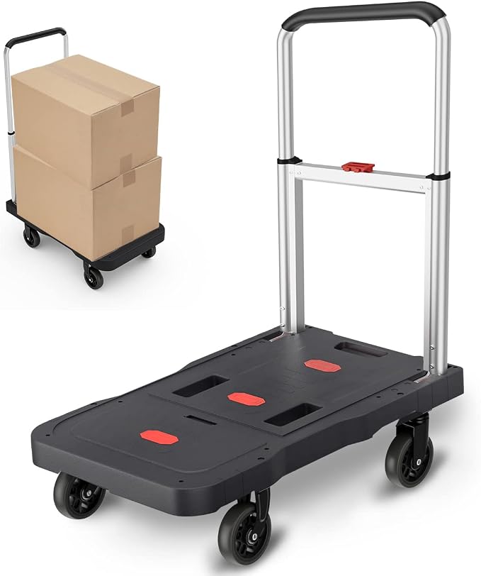 Platform Truck Foldable Push Cart Dolly 330lb Weight Capacity, Adjustable Hand Truck Handle with 360 Degree Swivel Wheels for Garage Garden Home & Office Use, Black