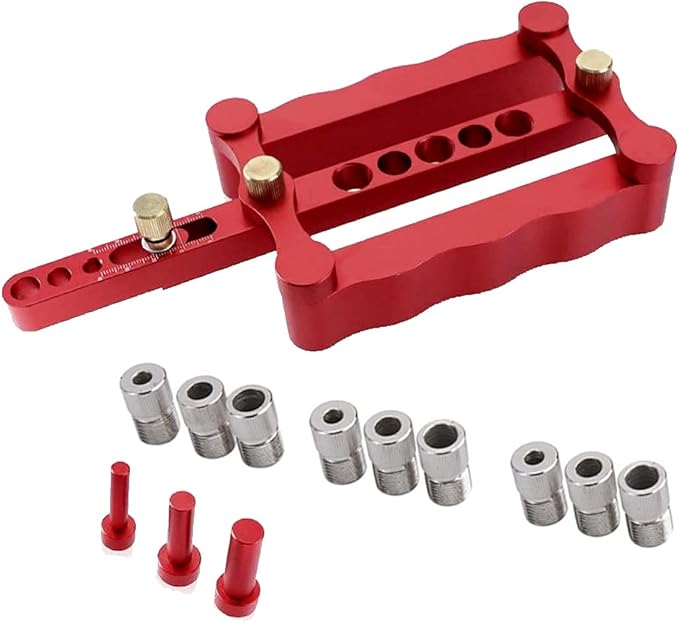 Self Centering Doweling Jig Woodworking Joinery Hole Drill Guide with 1/4 5/16 3/8 Inch Positioner Locator Tool Red Wave Hardware Precise Punch Drilling Jig Kit