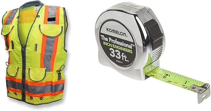 Radians SV55 Class 2 Heavy Woven Engineer Vest with Pockets, Green, X-Large and Komelon 433IEHV 33-feet Professional Tape Measure, Chrome