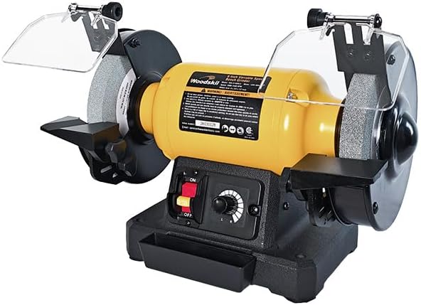 Woodskil 6 Inch Variable Speed Bench Grinder, 2000–3400 RPM Adjustable Speed, 2.5A Motor, Dual Grinding Wheels 36 & 60 Grit, Adjustable Tool Rest, Eye Shield for Sharpening Knives, Tools, Metal