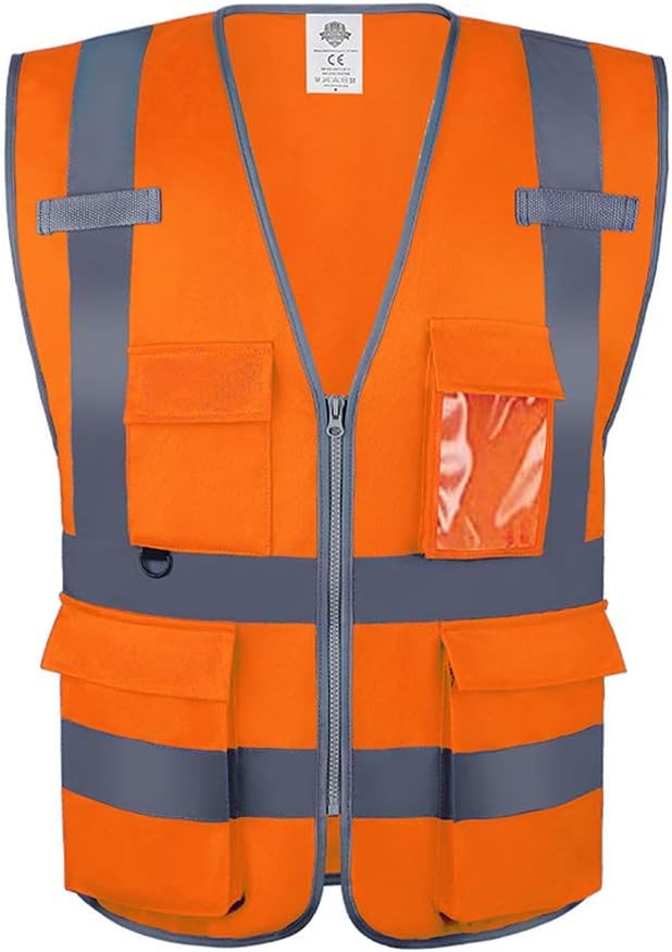 Dazonity High Visibility Safety Vest with Multi Pockets and Zipper, XL,Reflective Strips, Fit for Men & Women, Work, Construction,Cycling, Runnning, Surveyor, Volunteer (Orange-XL)