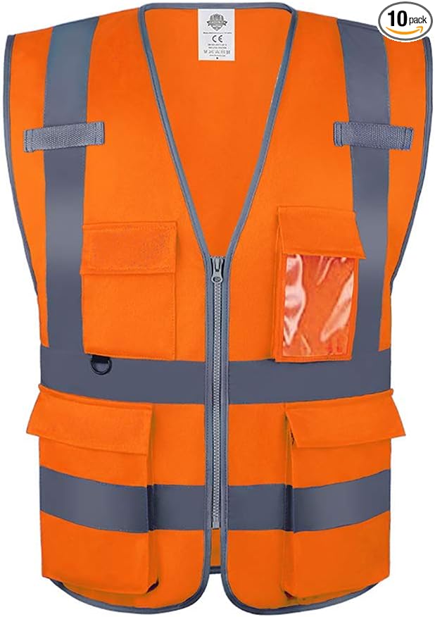 Dazonity High Visibility Safety Vest with Multi Pockets and Zipper, L,Reflective Strips, Fit for Men & Women, Work, Construction,Cycling, Runnning, Surveyor, Volunteer (Orange-L)