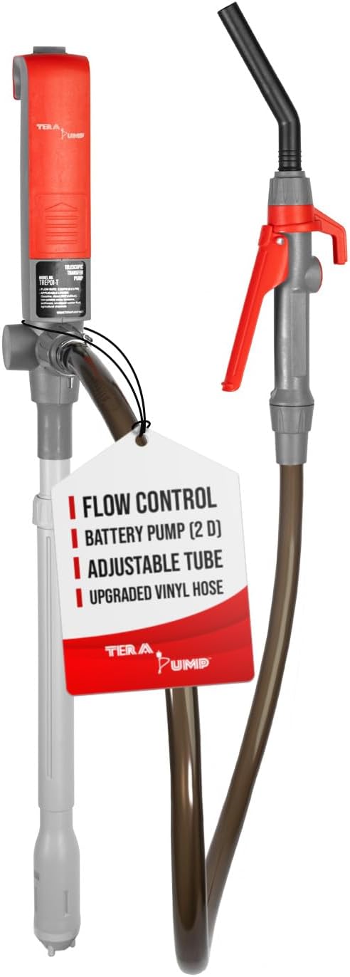 TERA PUMP Portable Battery Powered Gas Transfer Pump (2.6 GAL/MIN) Liquid Transfer Pump with Quick Stop Nozzle & Adjustable Intake for Gas, Diesel, DEF
